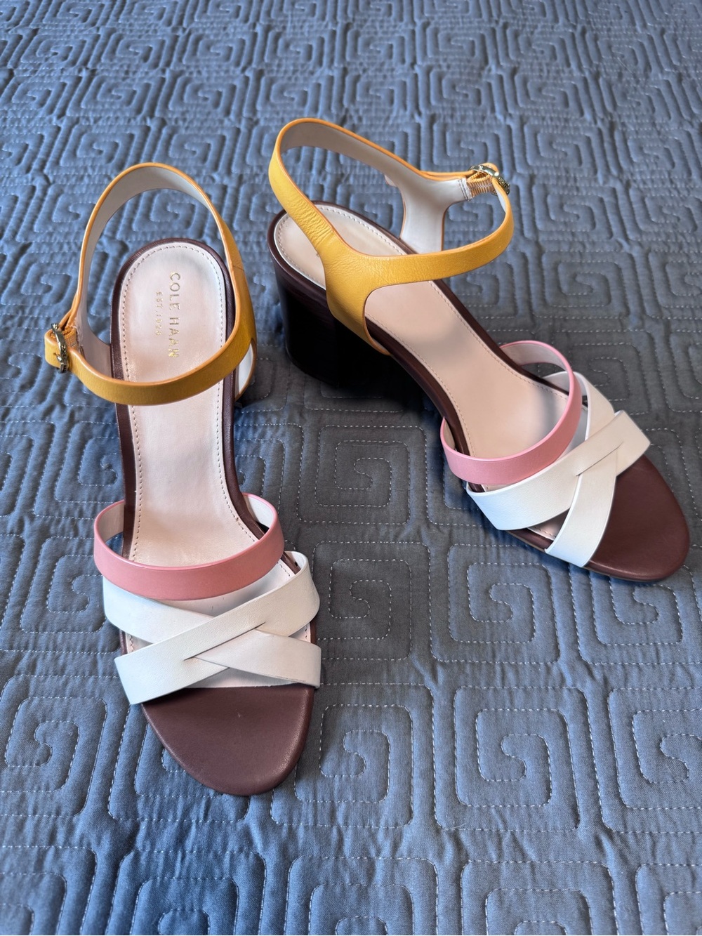 Cole Haan Jianna Multicolor Leather Block Heel Sandals - Yellow, Pink, White